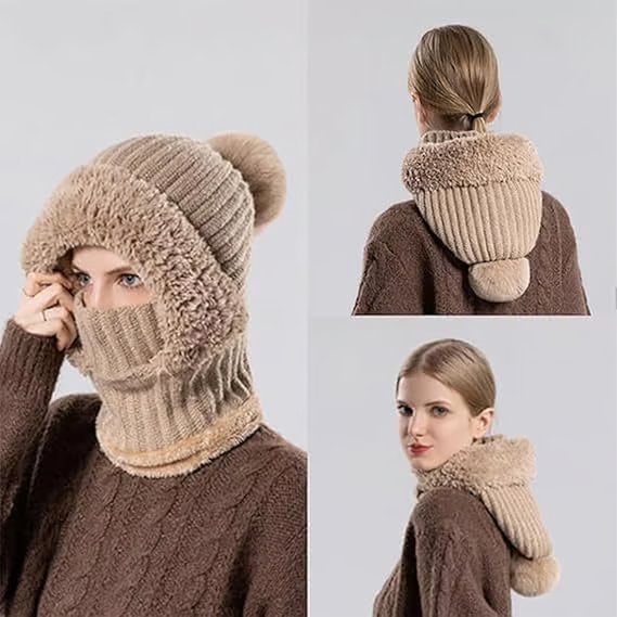 🔥🧣3-in-1 Knitted Hat For Women, Upgraded 3 in 1 Knit Hat with Scarf and Mask, Fall Winter Warm Knitted Ski Scarf and Mask Set❄️